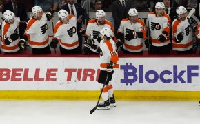Philadelphia Flyers right wing Travis Konecny celebrates his goal against the Chicago Blackhawks