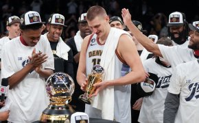 Nikola Jokic and the Denver Nuggets celebrating their Western Conference Finals win.