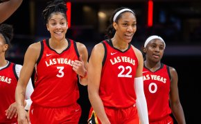 as Vegas Aces forward Candace Parker (3) and forward A'ja Wilson (22) celebrates the win
