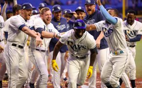 Tampa Bay Rays players celebrate a walk-off win