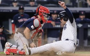 Isiah Kiner-Falefa slides home safely. Red Sox vs Yankees
