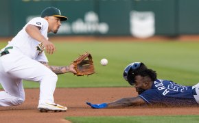 Tampa Bay Rays left fielder Randy Arozarena sliding into second base