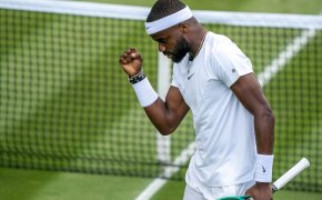 Frances Tiafoe (USA) reacts to a point during his match against Yibing Wu (CHN) day three of Wimbledon