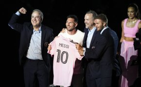 Inter Miami CF forward Lionel Messi is introduced at The Unveil event and press conference on stage