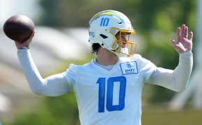 Los Angeles Chargers quarterback Justin Herbert throws the ball during training camp