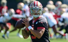 San Francisco 49ers quarterback Trey Lance looks before throwing