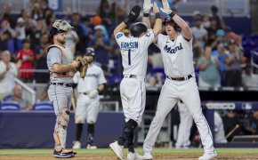 Miami Marlins home run celebration at the plate.