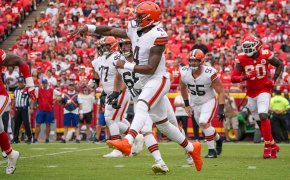 Cleveland Browns quarterback Deshaun Watson (4) throws a pass against the Kansas City Chiefs