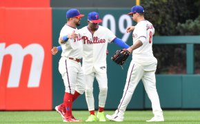 Phillies outfielders Castellanos, Schwarber, and Rojas.