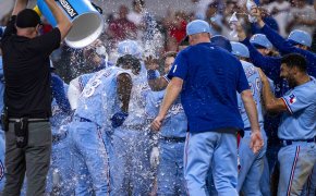 Texas Rangers celebrating a walkoff win over the Minnesota Twins