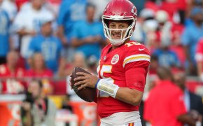 Patrick Mahomes warming up for NFL Thursday Night Football between the Chiefs and Lions.