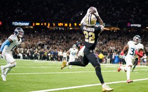 New Orleans Saints wide receiver Rashid Shaheed (22) scores a touchdown in the third quarter against the Tennessee Titans