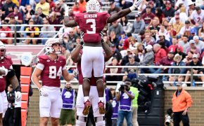 The Florida State Seminoles, celebrating a TD, are favored over Clemson for the first time since 2014