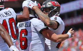 Tampa Bay Buccaneers Baker Mayfield and Mike Evans celebrate together.