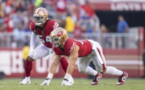 San Francisco 49ers defensive end Nick Bosa at the line of scrimmage