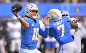 Los Angeles Chargers quarterback Justin Herbert (10) throws a pass