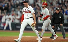 Atlanta Braves third baseman Austin Riley celebrates a win over the Philadelphia Phillies in the 2023 NLDS