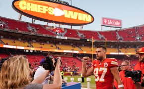 Kansas City Chiefs tight end Travis Kelce (87) leaves the field after the win