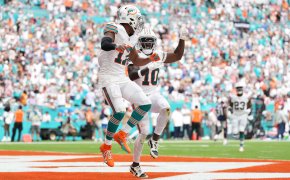Miami Dolphins wide receiver Jaylen Waddle (17) celebrates his touchdown against the New England Patriots with wide receiver Tyreek Hill (10)