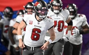 Tampa Bay Buccaneers quarterback Baker Mayfield (6) leads the team onto the field