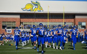 The South Dakota State Jackrabbits run out before the game