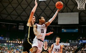 Gonzaga Bulldogs guard Nolan Hickman goes for a layup against the Purdue Boilermakers