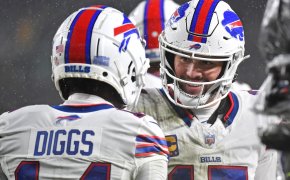 Buffalo Bills quarterback Josh Allen and wide receiver Stefon Diggs celebrate a touchdown