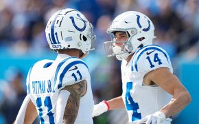 Indianapolis Colts wide receiver Michael Pittman Jr. (11) and wide receiver Alec Pierce (14) celebrate a touchdown