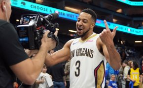 New Orleans Pelicans guard CJ McCollum celebrates beating the Sacramento Kings