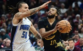 Cleveland Cavaliers guard Darius Garland drives to the basket against Orlando Magic guard Cole Anthony