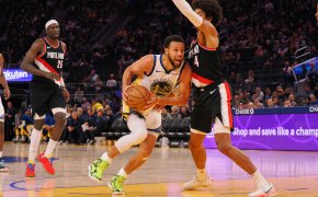 Golden State Warriors guard Stephen Curry drives against Portland Trail Blazers guard Matisse Thybulle