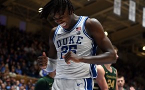 Duke Blue Devils forward Mark Mitchell reacting after a miss