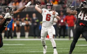 Tampa Bay Buccaneers quarterback Baker Mayfield (6) passes the ball against the Atlanta Falcons