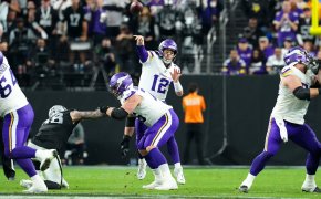 Minnesota Vikings quarterback Nick Mullens (12) makes a pass attempt