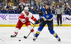 St. Louis Blues right wing Kevin Hayes shoots and scores against the Detroit Red Wings