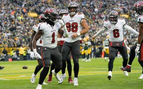 Tampa Bay Buccaneers running back Rachaad White (1) celebrates after scoring a touchdown