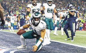 Philadelphia Eagles quarterback Jalen Hurts (1) reacts after rushing for a touchdown