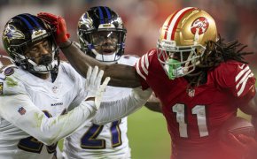 NFL oddsmakers are projecting a 49ers vs Ravens Super Bowl matchup.