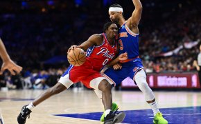 Philadelphia 76ers guard Tyrese Maxey drives against New York Knicks guard Josh Hart