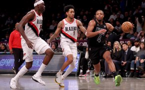 Brooklyn Nets guard Dennis Smith Jr drives to the basket against the Portland Trail Blazers