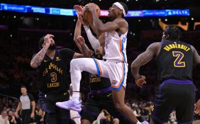 Oklahoma City Thunder guard Shai Gilgeous-Alexander goes for a layup against the Los Angeles Lakers