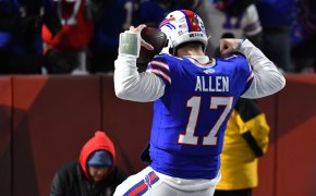 Buffalo Bills quarterback Josh Allen (17) celebrates a touch down in the first half against the Pittsburgh Steelers