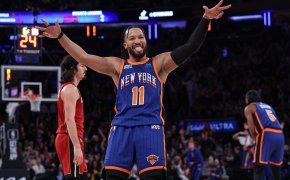 New York Knicks guard Jalen Brunson celebrates a three
