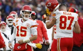 Kansas City Chiefs quarterback Patrick Mahomes and tight end Travis Kelce on the field