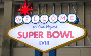 A Welcome to Las Vegas Super Bowl 58 at team arrivals at the Harry Reid International Airport.