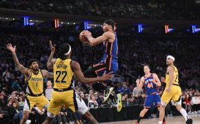New York Knicks guard Josh Hart rises with the ball against the Indiana Pacers