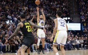 Golden State Warriors guard Stephen Curry shooting a three against the Utah Jazz
