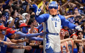 Duke Blue Devils mascot standing in front of large crowd