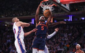 New York Knicks forward Precious Achiuwa dunks against the Philadelphia 76ers