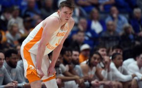 Tennessee Volunteers guard Dalton Knecht rests with his hands on his knees